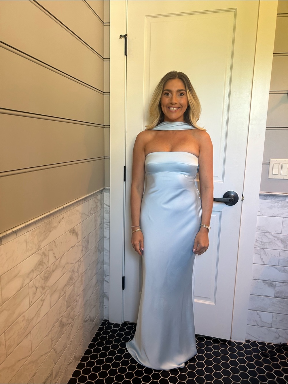 Azazie Light Blue Satin Strapless Column Wedding Dress with Neck Drape